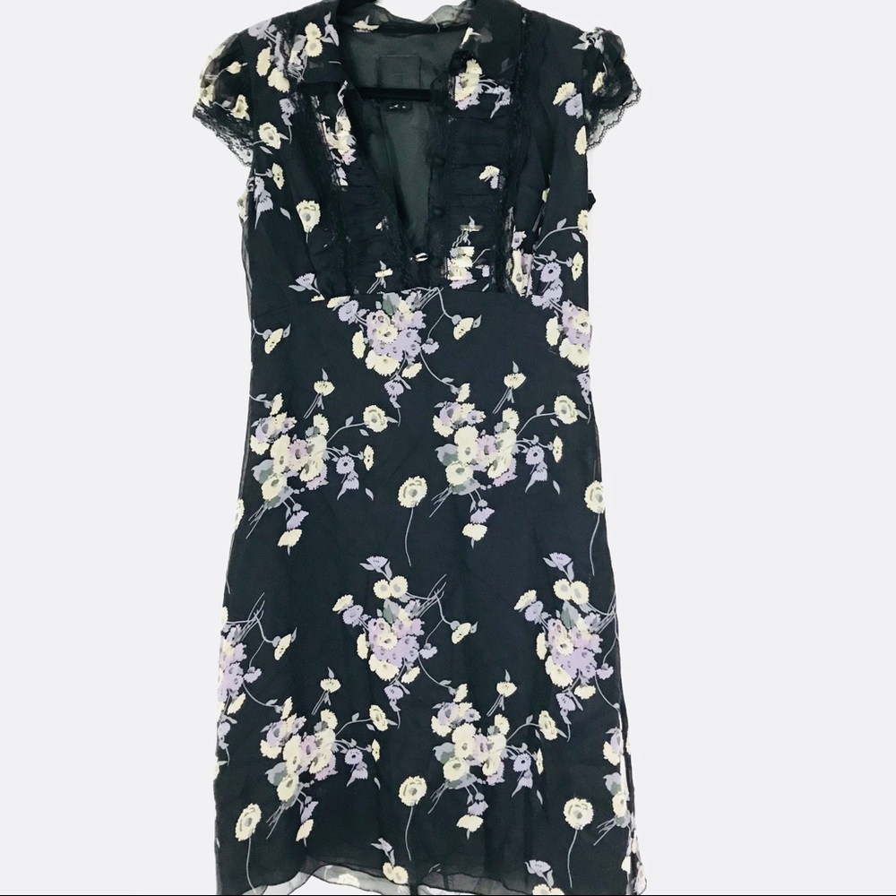 Vintage Anna Sui for Anthropologie Silk Y2K Floral Cap Sleeve Lace Trim Dress 4